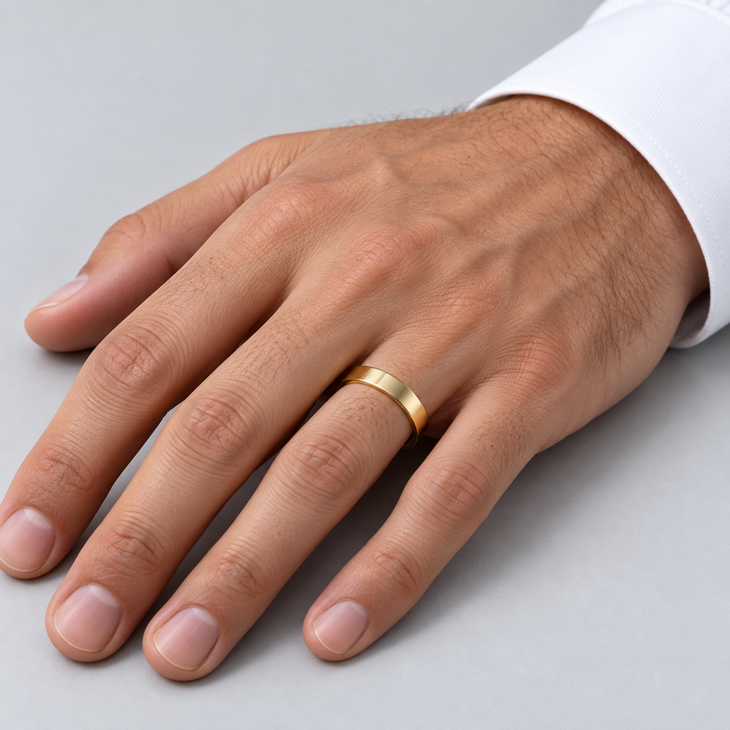 18k Yellow Gold Wedding Band Plain Ring Flat Comfort-Fit (4 mm) — male hand studio image