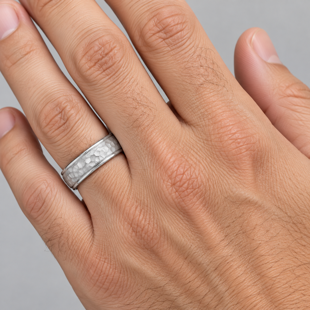 Mens Satin Hammer Finished Wedding Ring Wide Band Palladium (6mm) — Male hand wearing 6mm wedding band