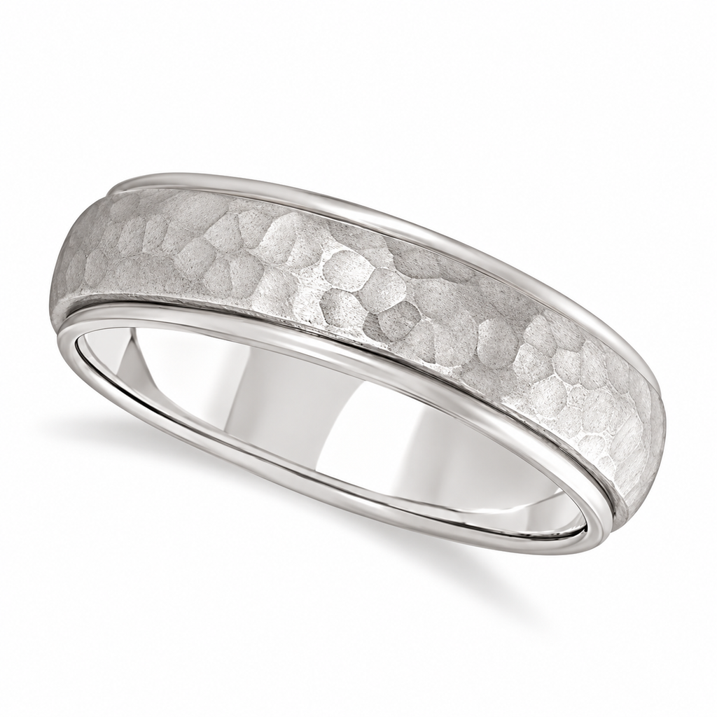Mens Satin Hammer Finished Wedding Ring Wide Band Palladium (6mm) — Angled product view on white