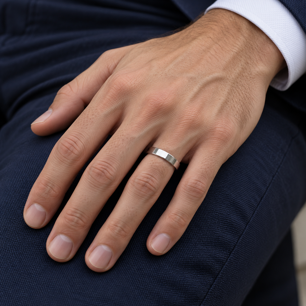 950 Palladium Wedding Band Plain Ring Flat Comfort-Fit (4 mm) - Male hand wearing wedding band