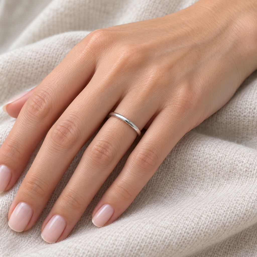 14k White Gold Wedding Ring Low Dome Comfort Fit (2mm) — female hand wearing wedding band