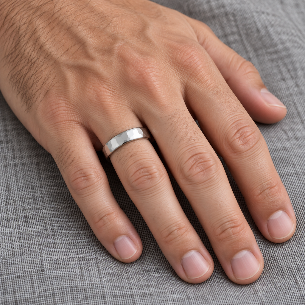 Men's Hammered Finished Carved Band Wedding Ring Palladium (5mm) — Male hand wearing 5mm wedding band