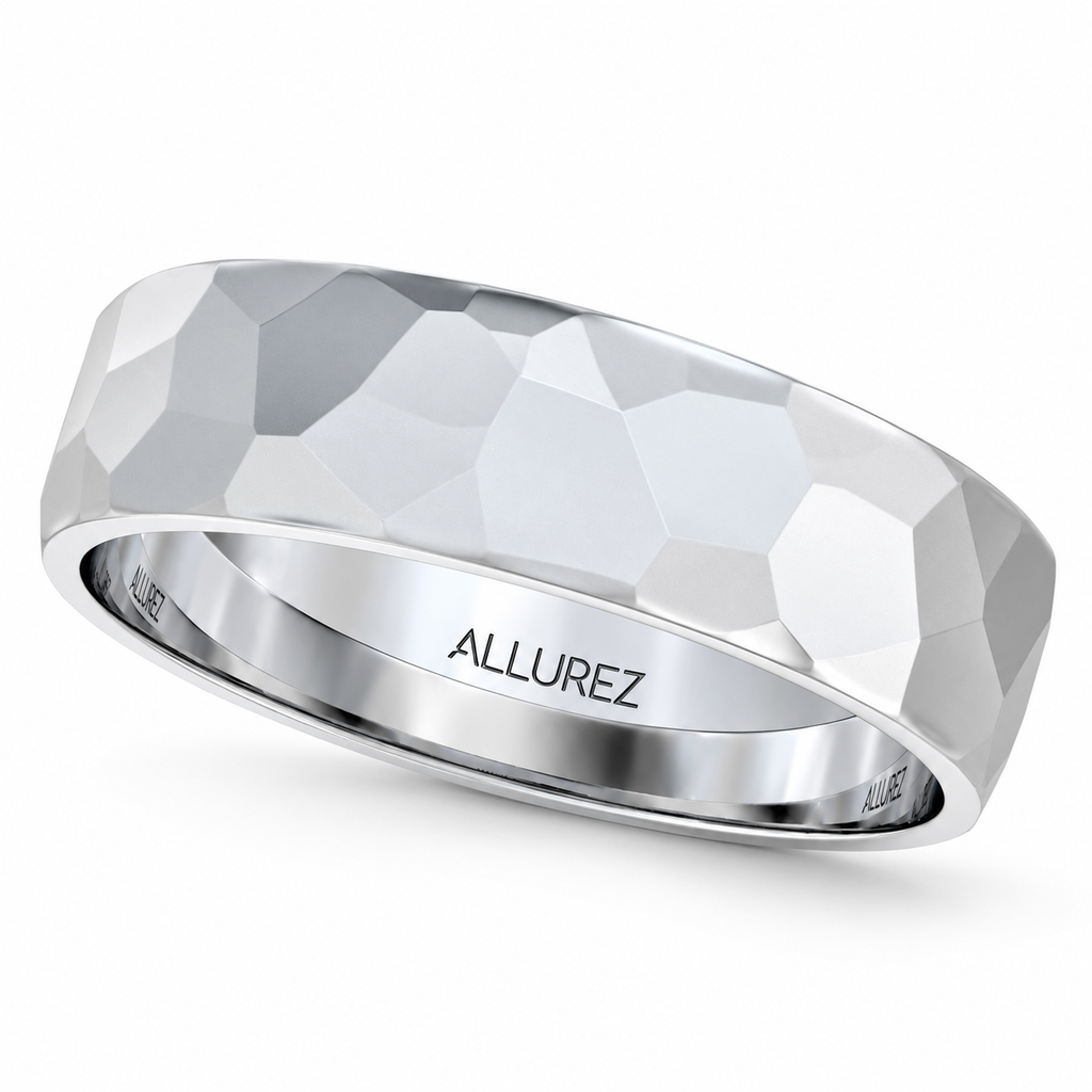 Men's Hammered Finished Carved Band Wedding Ring Palladium (5mm) — Angled product view on white