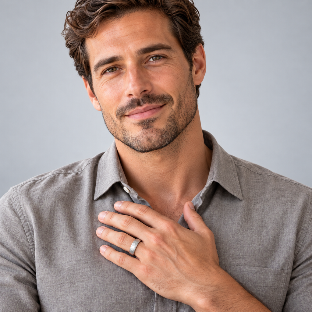 Male model wearing the Allurez UB856 5mm hammered palladium wedding band in a light gray studio portrait