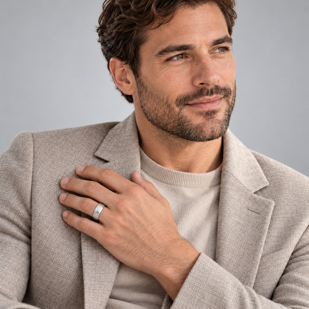 Male portrait wearing 7mm hammered carved 14k white gold wedding band in studio