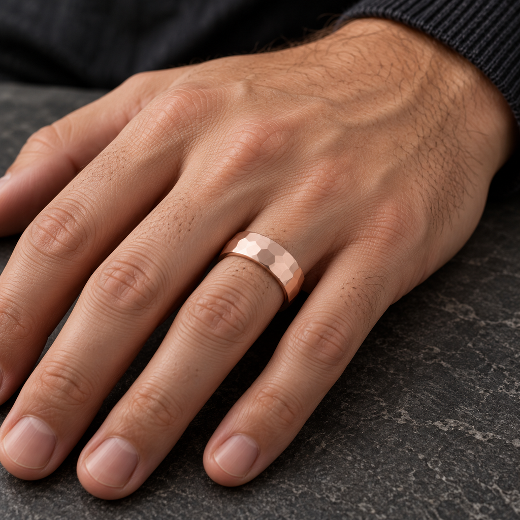 Men wearing 7mm 14k rose gold hammered wedding band