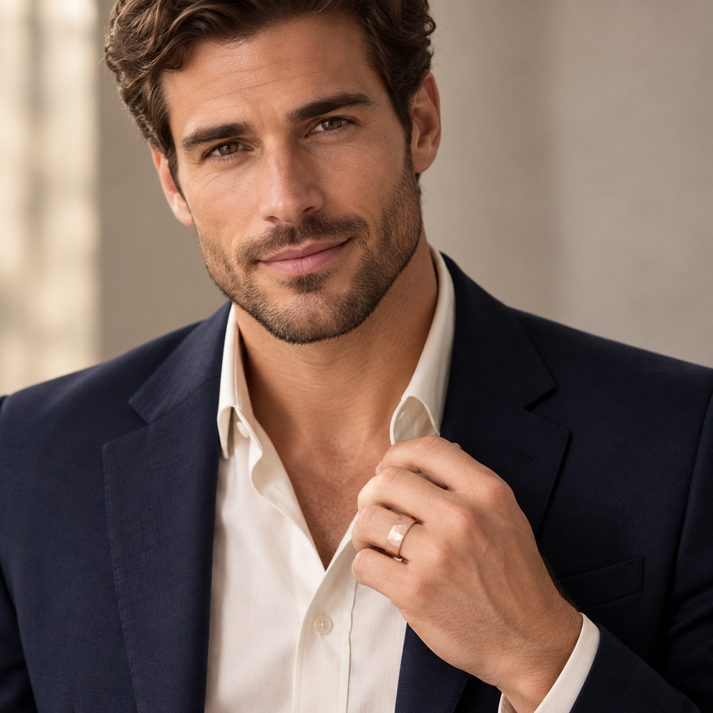 Male model wearing 7mm 14k rose gold hammered wedding band