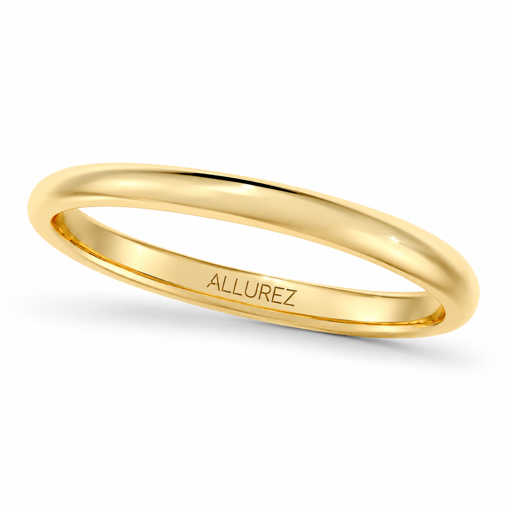 14k Yellow Gold Wedding Ring Low Dome Comfort Fit (2mm) — upright reverse-oblique hero with gentle tilt and natural shadow