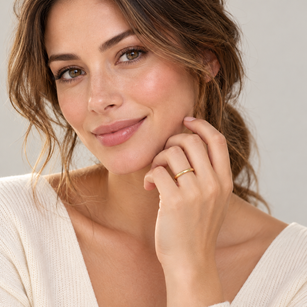 UB86 2mm 14K yellow gold low dome comfort fit band — female studio portrait