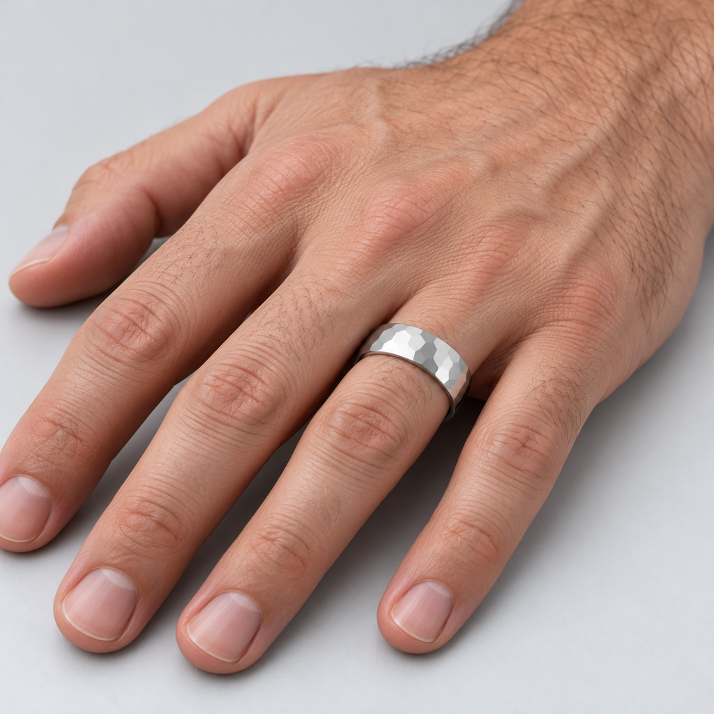 Men's Hammered Finished Carved Band Wedding Ring 18k White Gold (7mm) — male on-hand closeup at base of ring finger