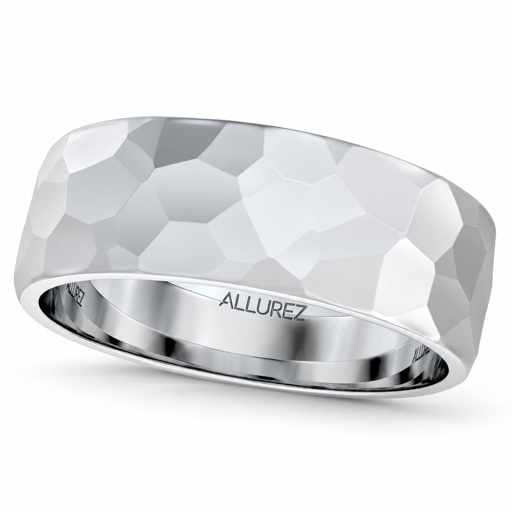 Men's Hammered Finished Carved Band Wedding Ring 18k White Gold (7mm) — gentle left-high right-low hero with natural shadow