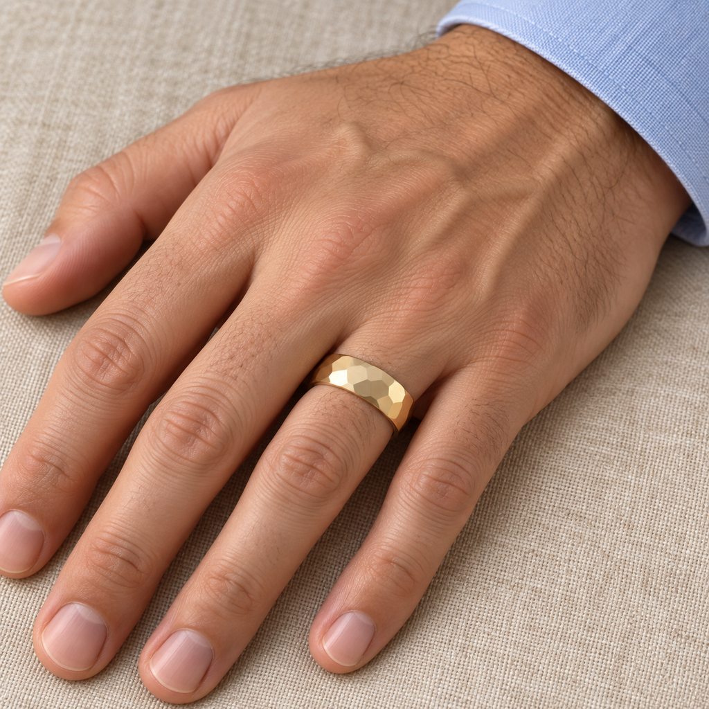 Men's Hammered Finished Carved Band Wedding Ring 18k Yellow Gold (7mm) - Male hand wearing band on ring finger