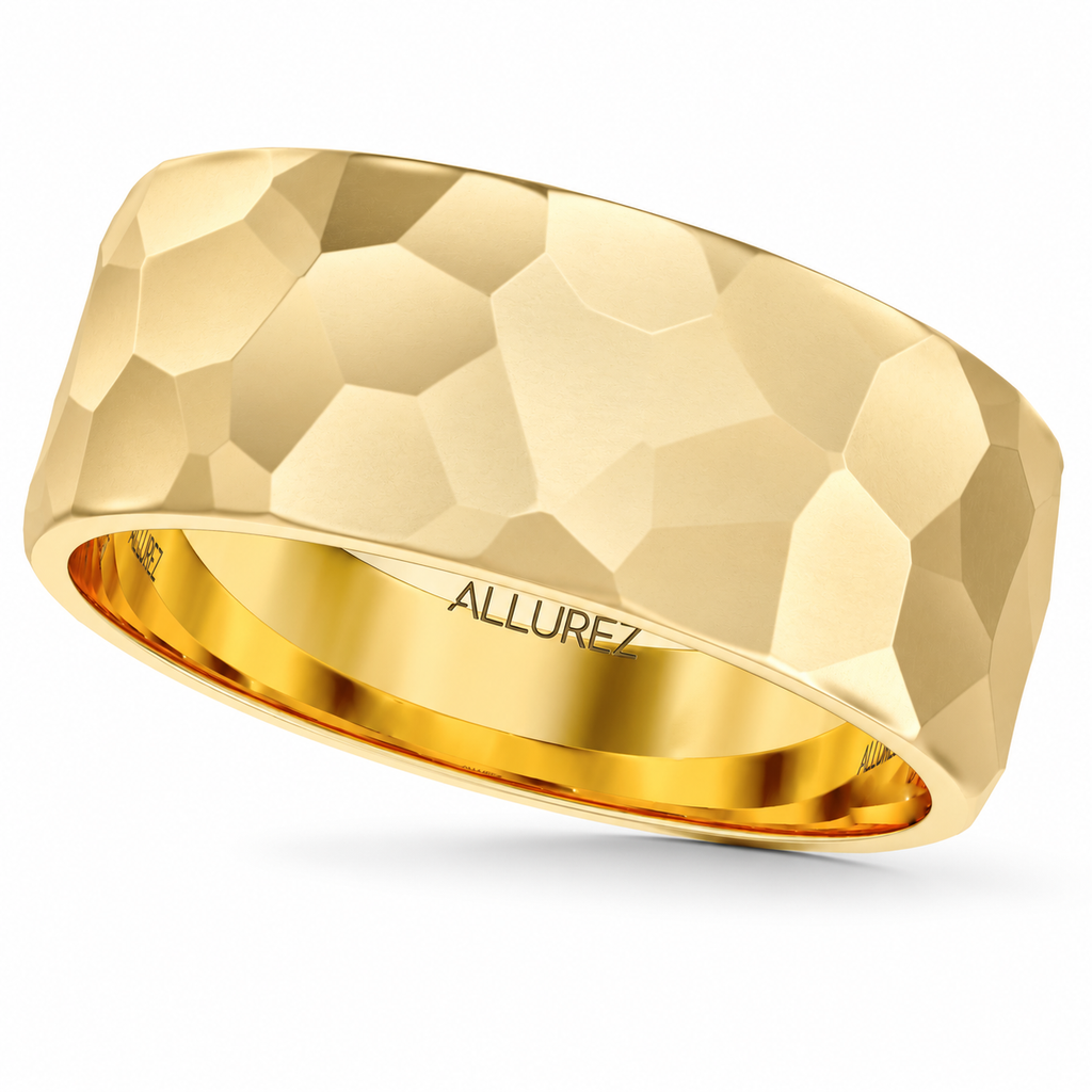 Men's Hammered Finished Carved Band Wedding Ring 18k Yellow Gold (7mm) - Product view on white