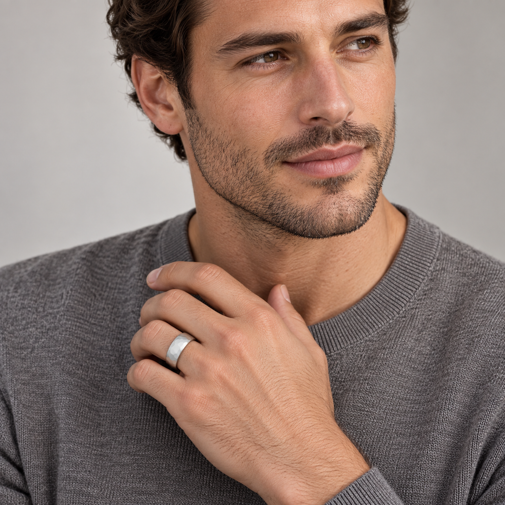 Men's Hammered Finished Carved Band Wedding Ring Palladium (7mm) — male portrait