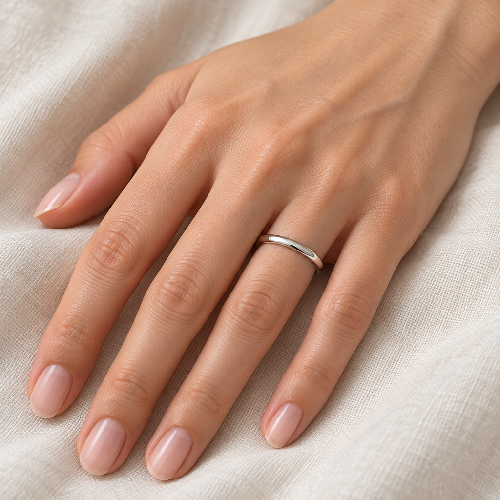 Palladium Wedding Ring Low Dome Comfort Fit (2mm) — female hand wearing wedding band