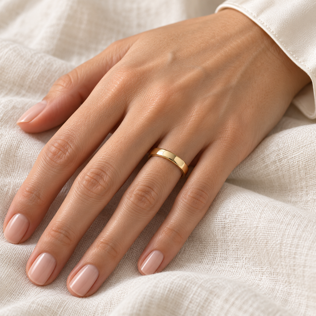 14k Yellow Gold Wedding Ring Low Dome Comfort Fit (3mm) - Female hand wearing wedding band