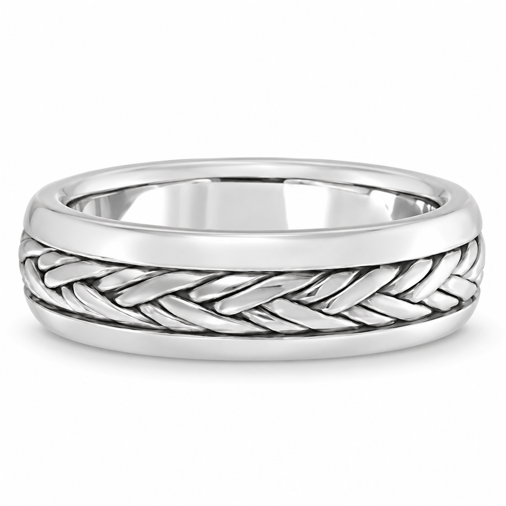 6mm 14K white gold handwoven wedding band — front view with natural shadow