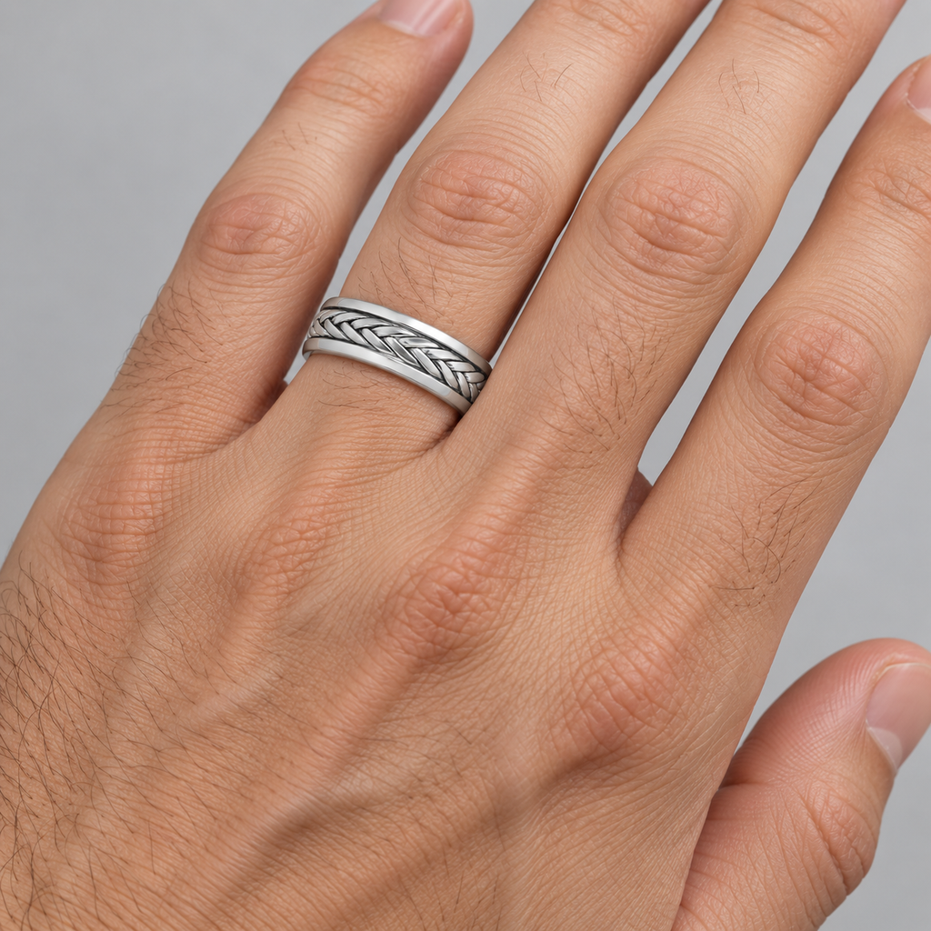 Men's Wide Handwoven Wedding Ring 14k White Gold (6mm) — Male hand wearing 6mm wedding band