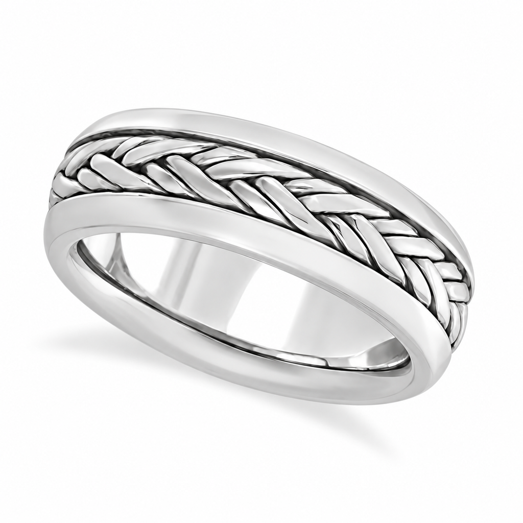 Men's Wide Handwoven Wedding Ring 14k White Gold (6mm) — Angled product view on white
