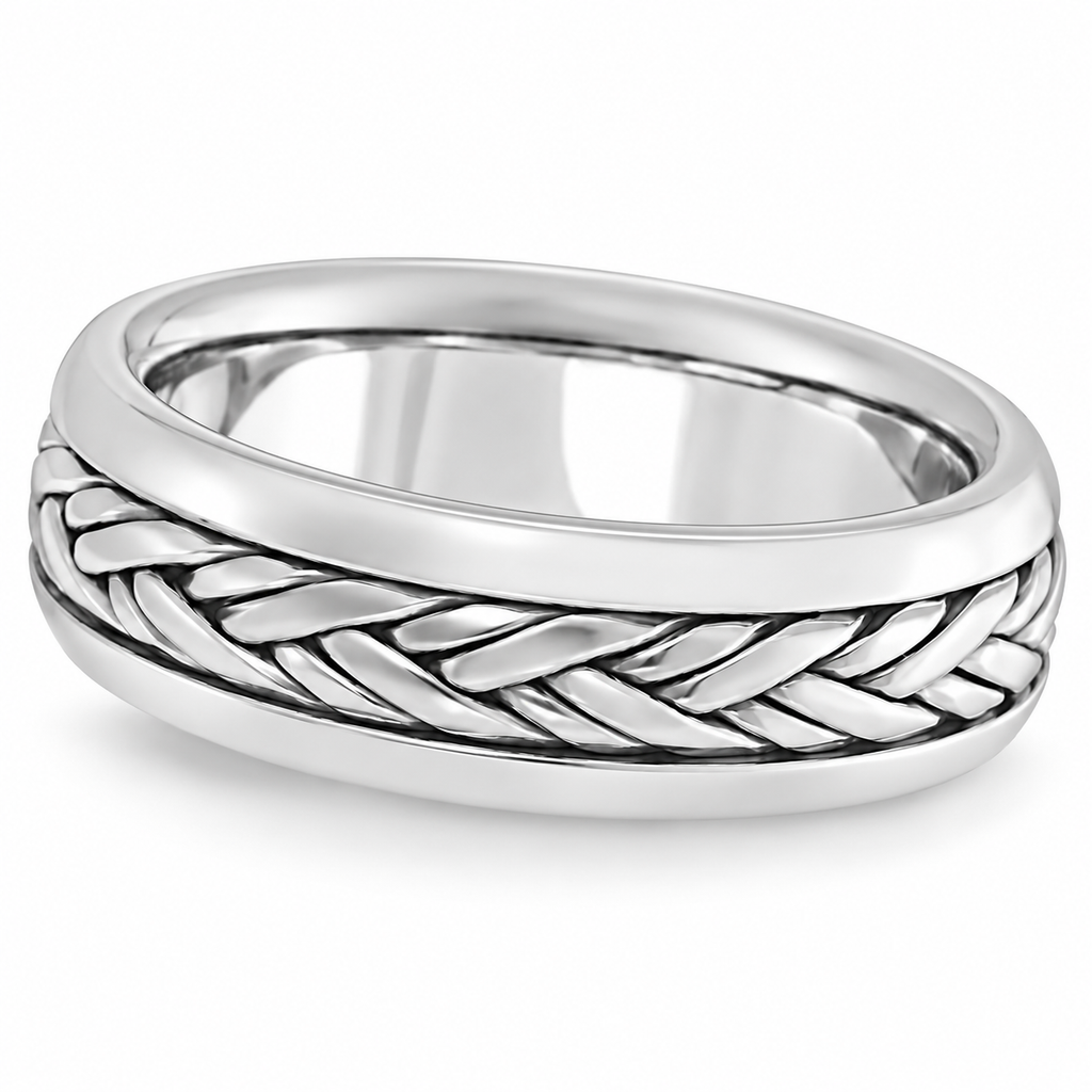 6mm 14K white gold handwoven wedding band — forward angled hero with natural shadow