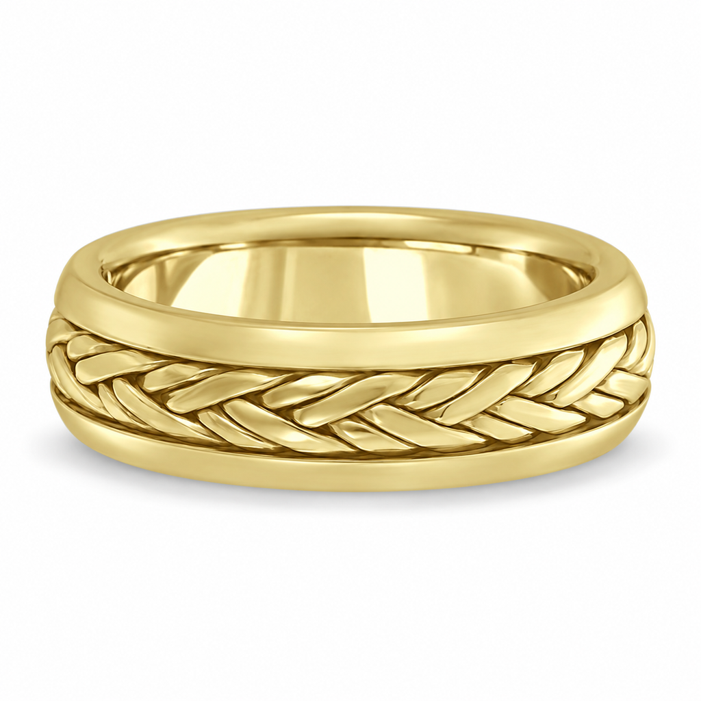 Men's 6mm handwoven 18k yellow gold wedding band front view