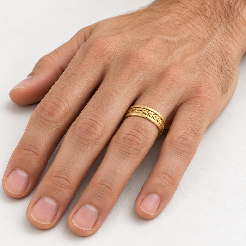 Men's 6mm handwoven 18k yellow gold wedding band on hand