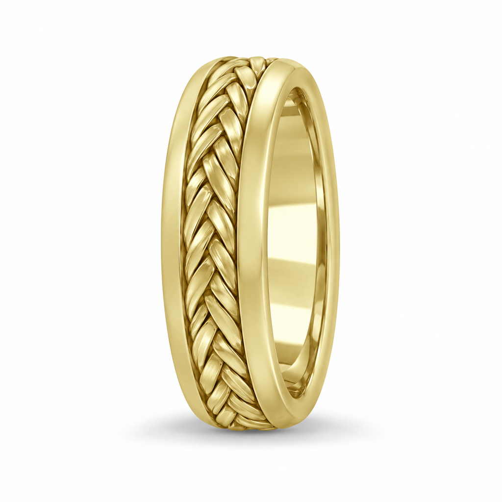 Men's 6mm handwoven 18k yellow gold wedding band upright side view