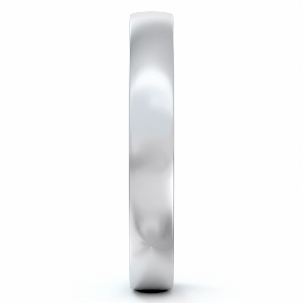 3mm palladium low-dome comfort-fit wedding band — clean upright edge view with natural shadow