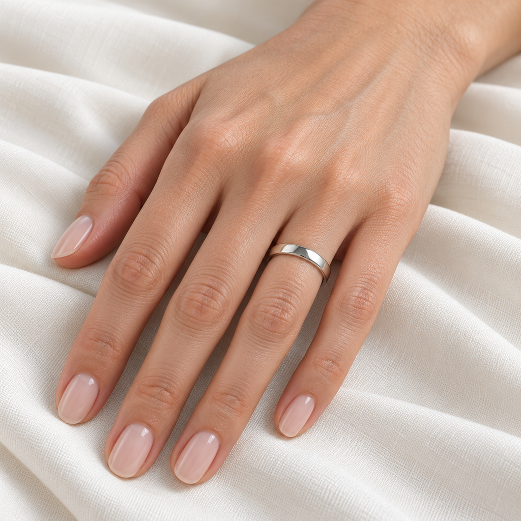 Palladium Wedding Ring Band Low Dome Comfort Fit (3mm) — Female hand wearing wedding band