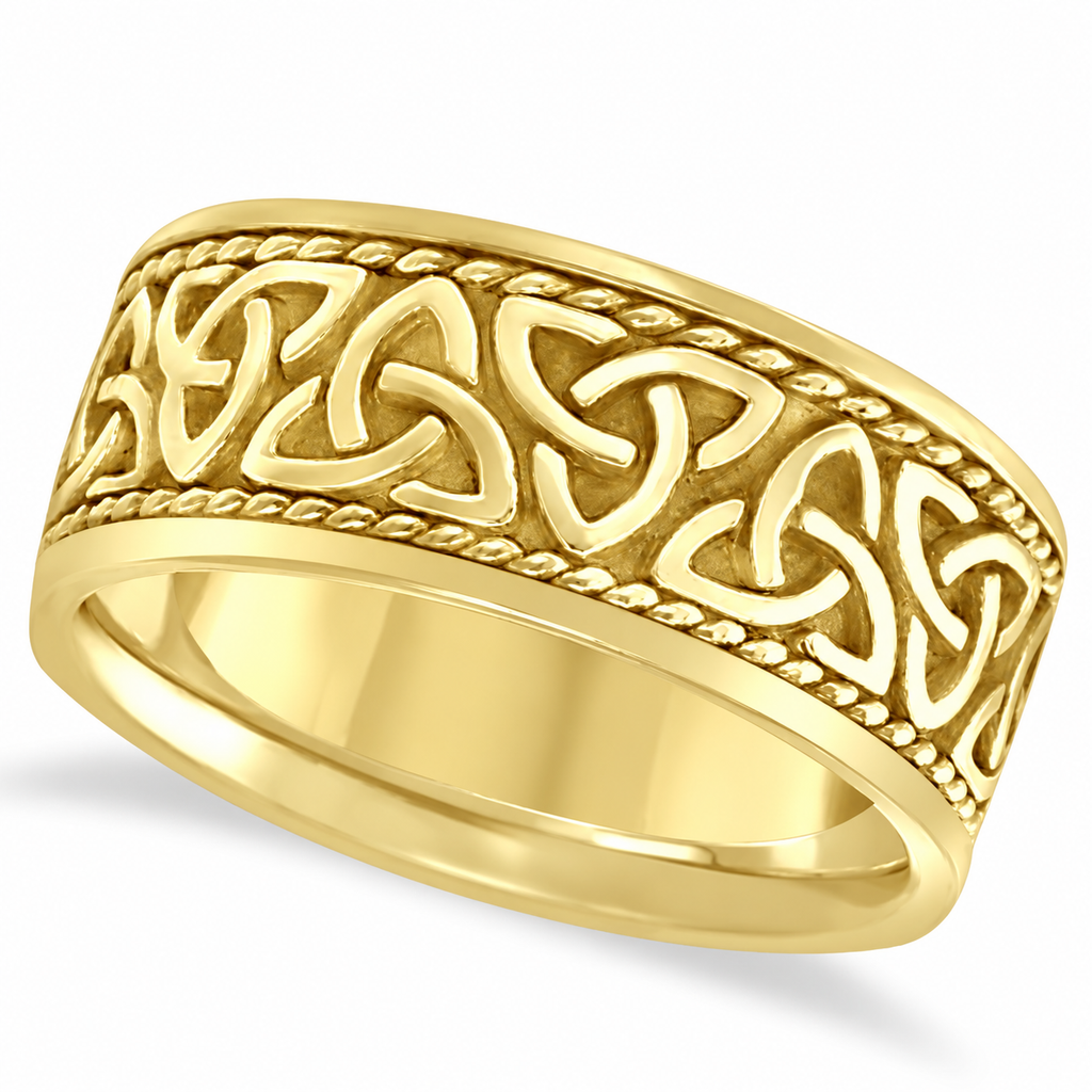 Men's Hand Made Celtic Irish Wedding Ring 18k Yellow Gold (10mm) — angled product view on white