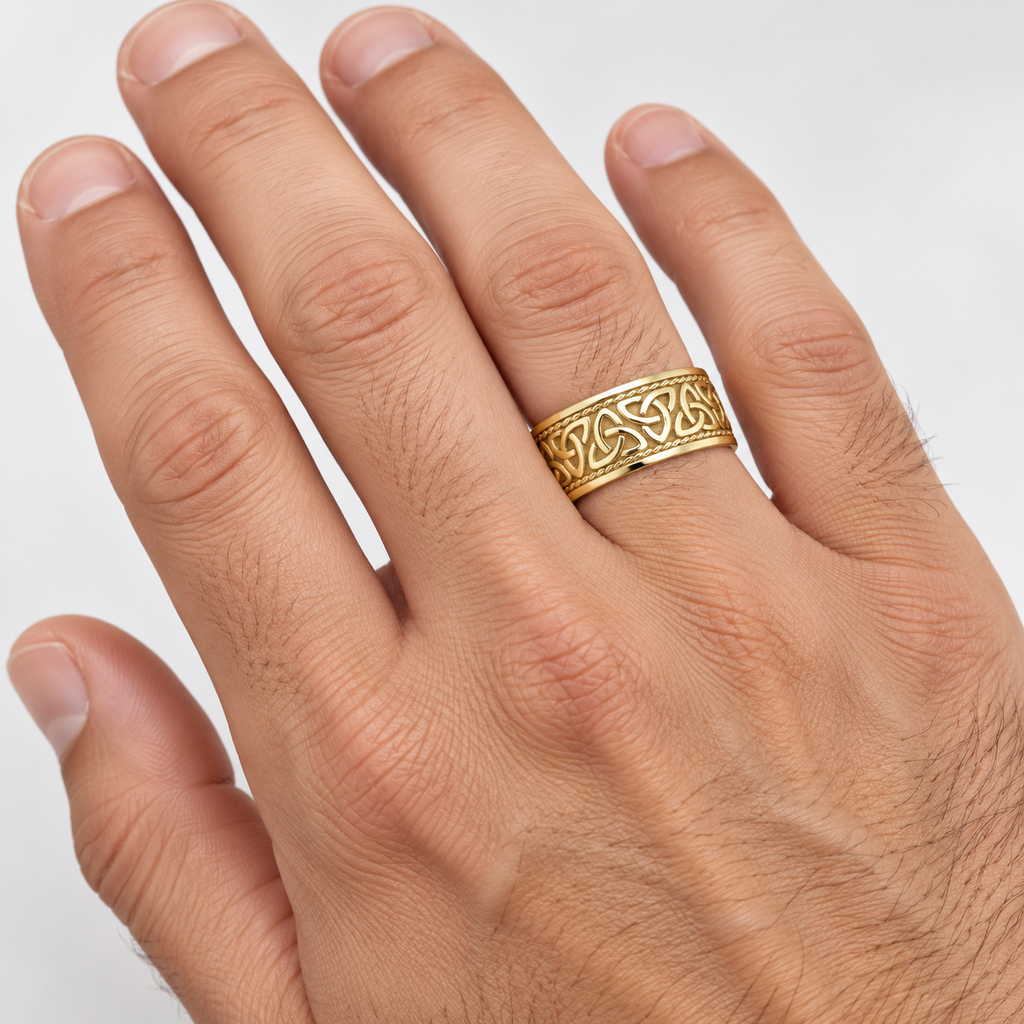 Men's Hand Made Celtic Irish Wedding Ring 18k Yellow Gold (10mm) — male hand close-up