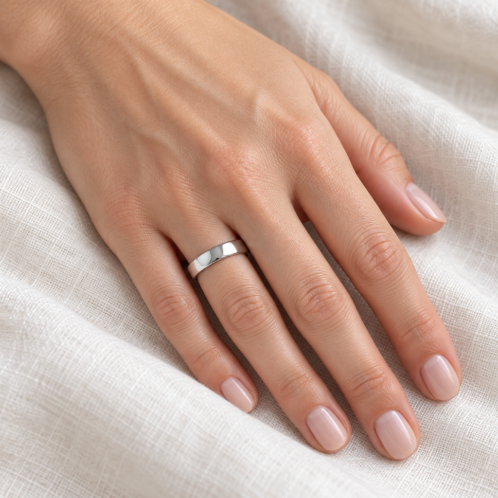 14k White Gold Wedding Ring Low Dome Comfort Fit (4 mm) - Female hand wearing wedding band