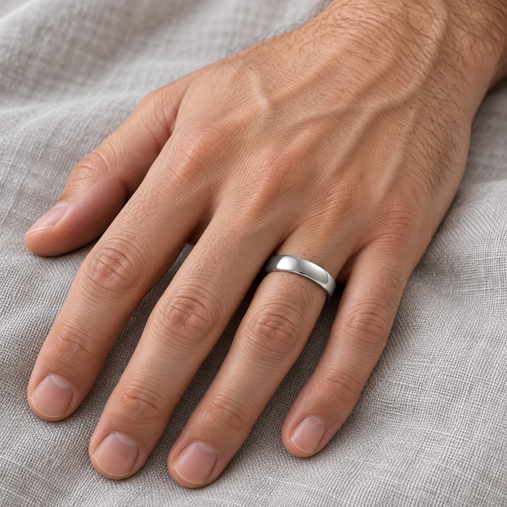 14k White Gold Wedding Ring Low Dome Comfort Fit (4 mm) - Male hand wearing wedding band