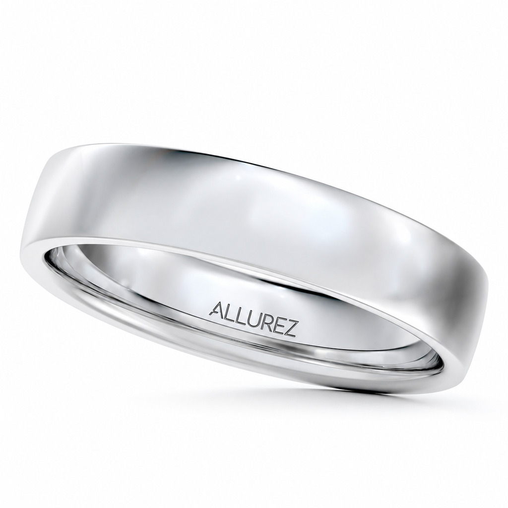 14k White Gold Wedding Ring Low Dome Comfort Fit (4 mm) - Angled product view on white