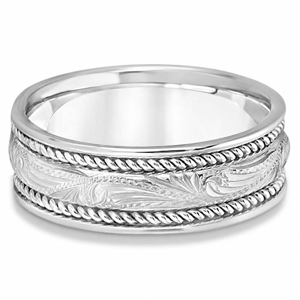 Fancy Carved Vintage Wedding Ring For Men 14k White Gold (7.5mm) — Front product view, legacy logo removed