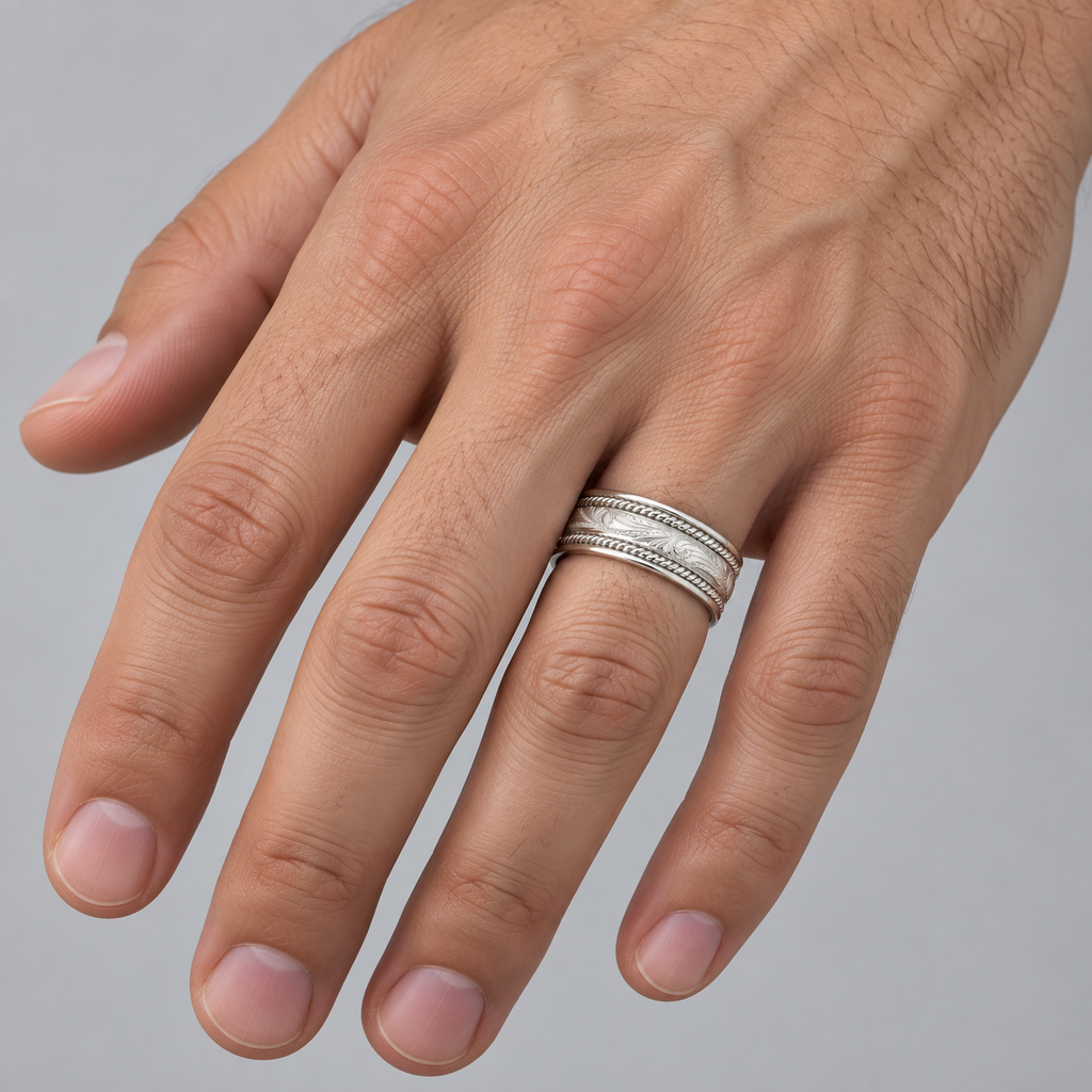 Fancy Carved Vintage Wedding Ring For Men 14k White Gold (7.5mm) — Male hand wearing wedding band