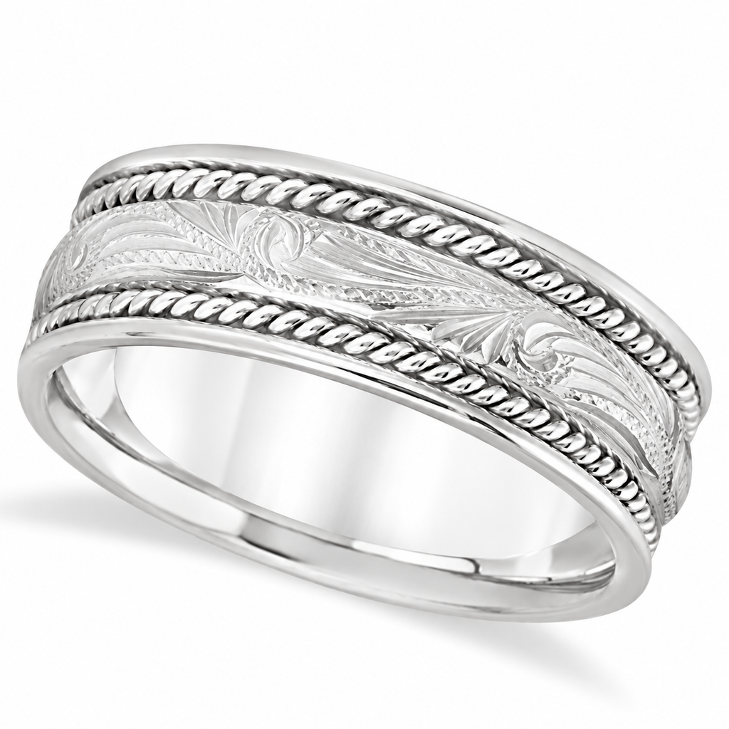 Fancy Carved Vintage Wedding Ring For Men 14k White Gold (7.5mm) — Angled product view on white