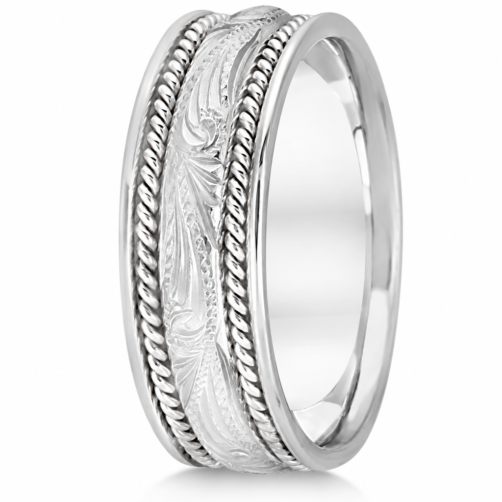 Fancy Carved Vintage Wedding Ring For Men 14k White Gold (7.5mm) — Upright side product view, legacy logo removed