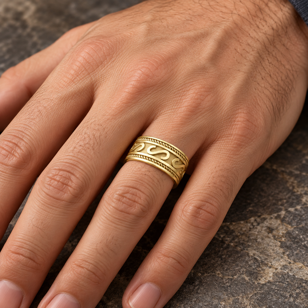 Men wearing 10mm 18k yellow gold Celtic wedding band