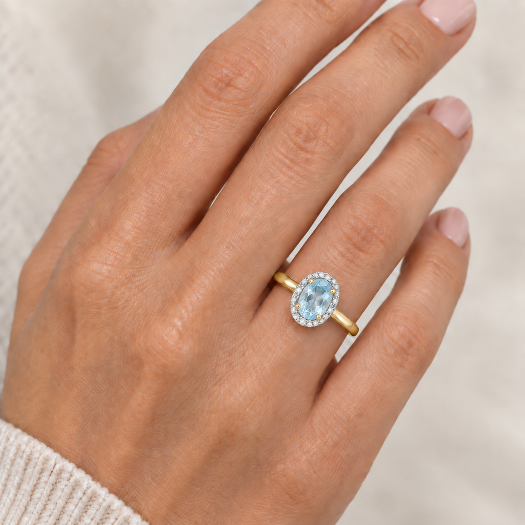 Aquamarine and Diamond Cocktail Ring in 14K Yellow Gold (0.70ct) worn on model