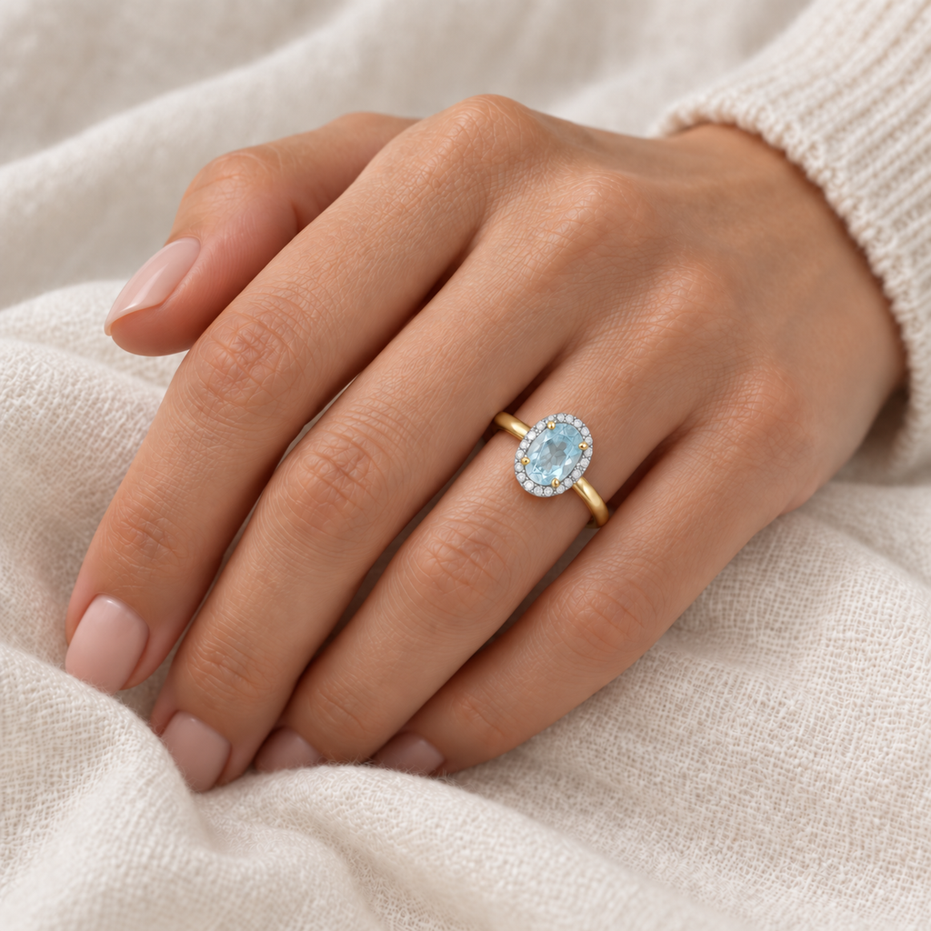 Aquamarine and Diamond Cocktail Ring in 14K Yellow Gold (0.70ct) worn on model - alternate pose