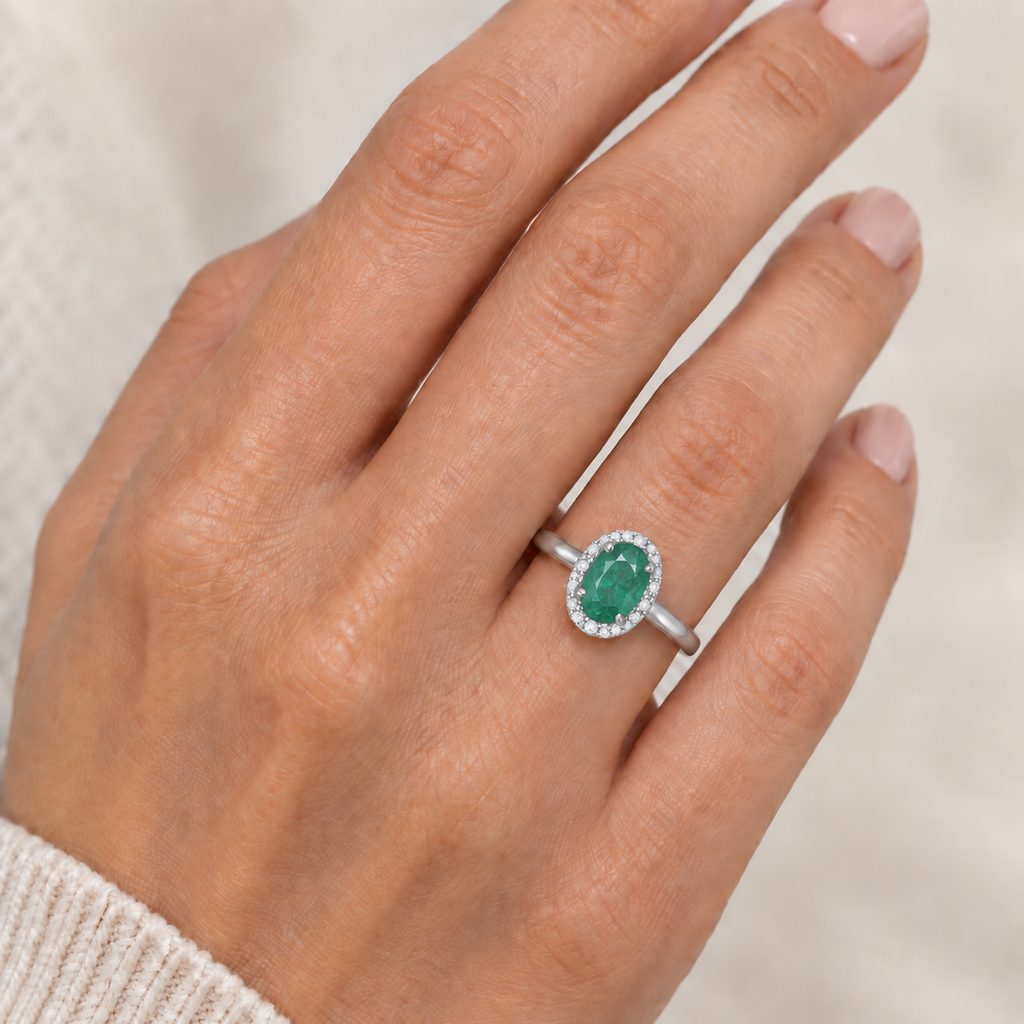Emerald and Diamond Cocktail Ring in 14K White Gold (0.75ct) worn on model