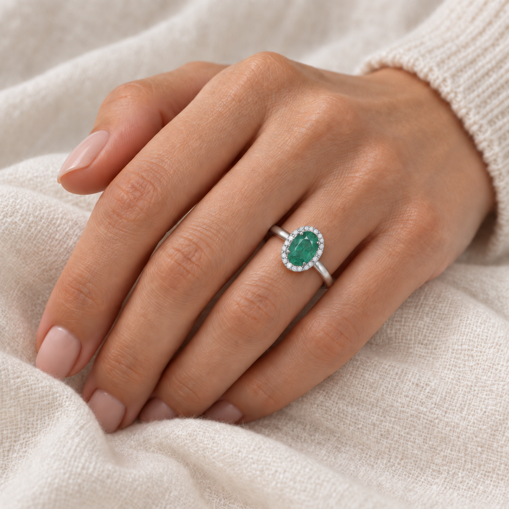 Emerald and Diamond Cocktail Ring in 14K White Gold (0.75ct) worn on model - alternate pose