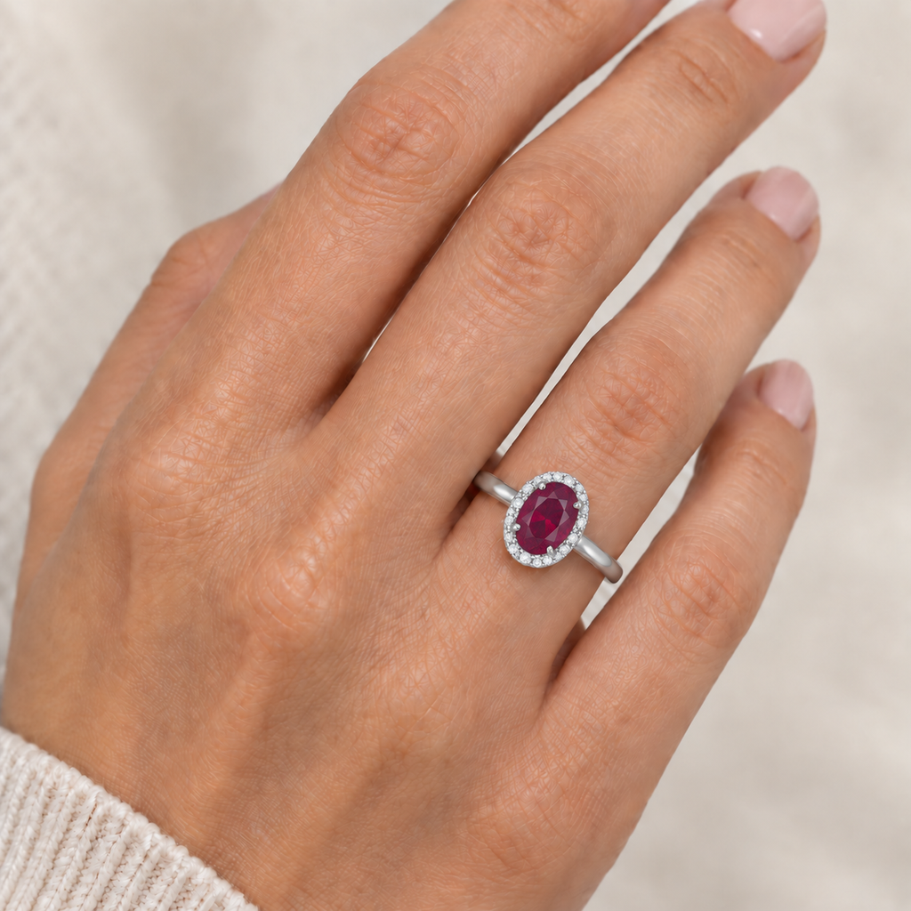 Ruby and Diamond Cocktail Ring in 14K White Gold (0.95ct) worn on model