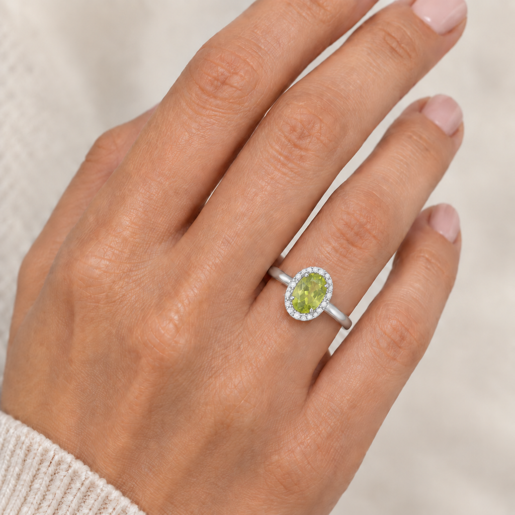 Peridot and Diamond Cocktail Ring in 14K White Gold (0.95ct) worn on model