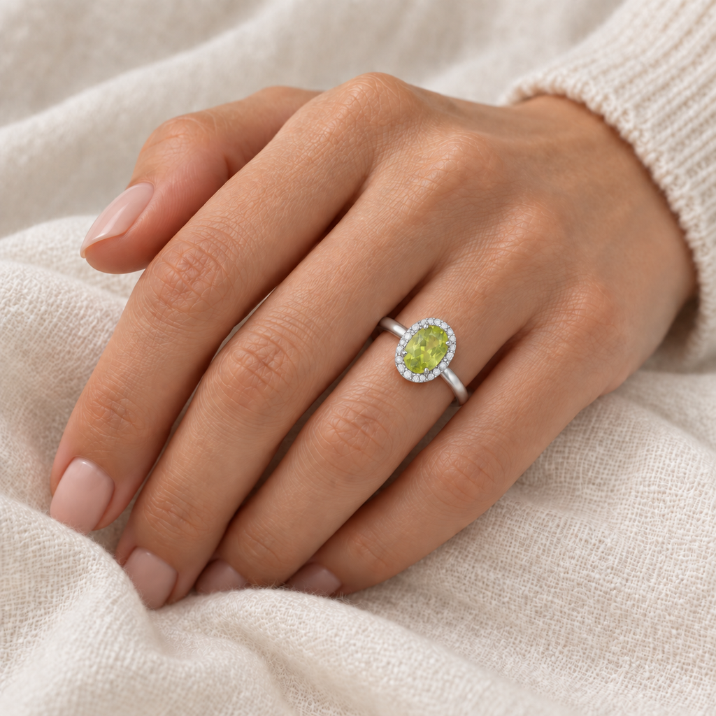 Peridot and Diamond Cocktail Ring in 14K White Gold (0.95ct) worn on model - alternate pose