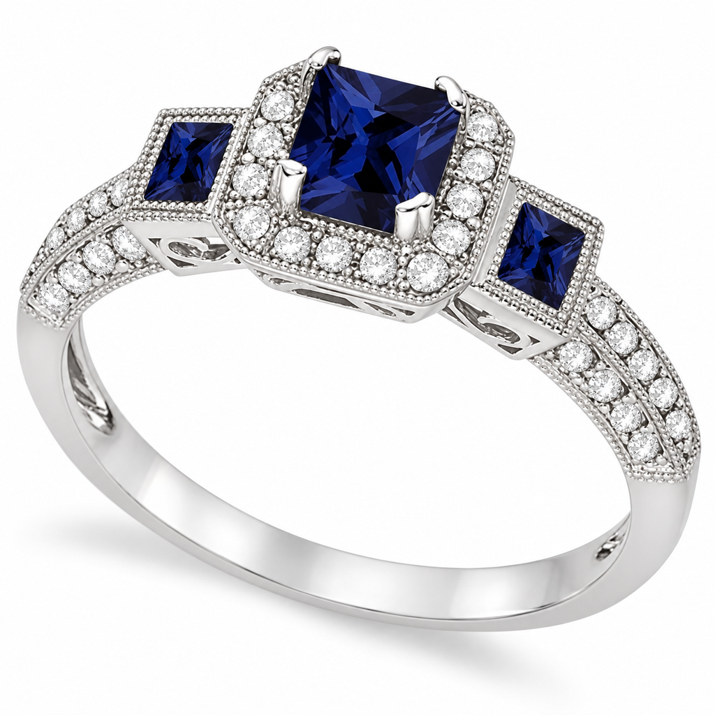 Blue Sapphire & Diamond Engagement Ring 14k White Gold (1.35ctw)