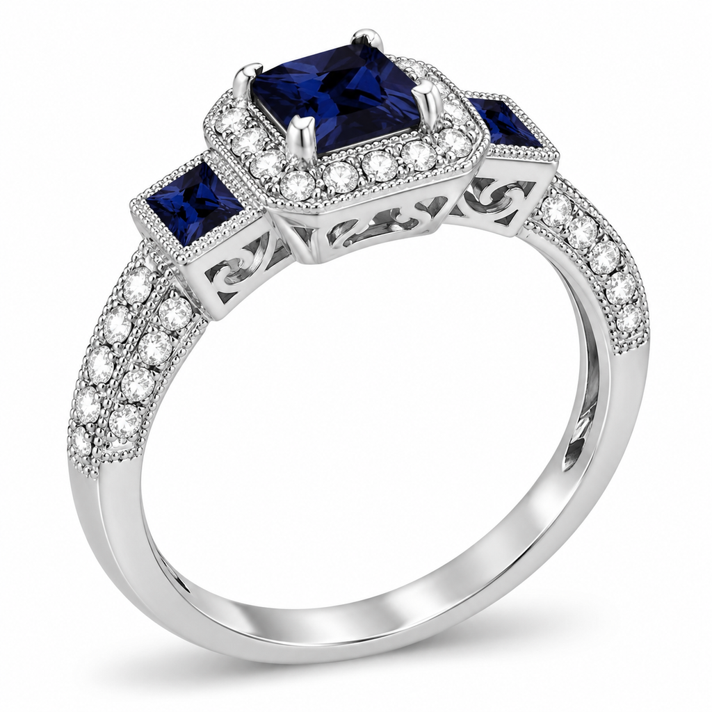 Blue Sapphire & Diamond Engagement Ring 14k White Gold (1.35ctw) - side angle