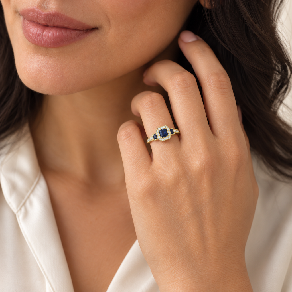 Blue Sapphire & Diamond Engagement Ring in 14k Yellow Gold (1.35ctw) worn on model