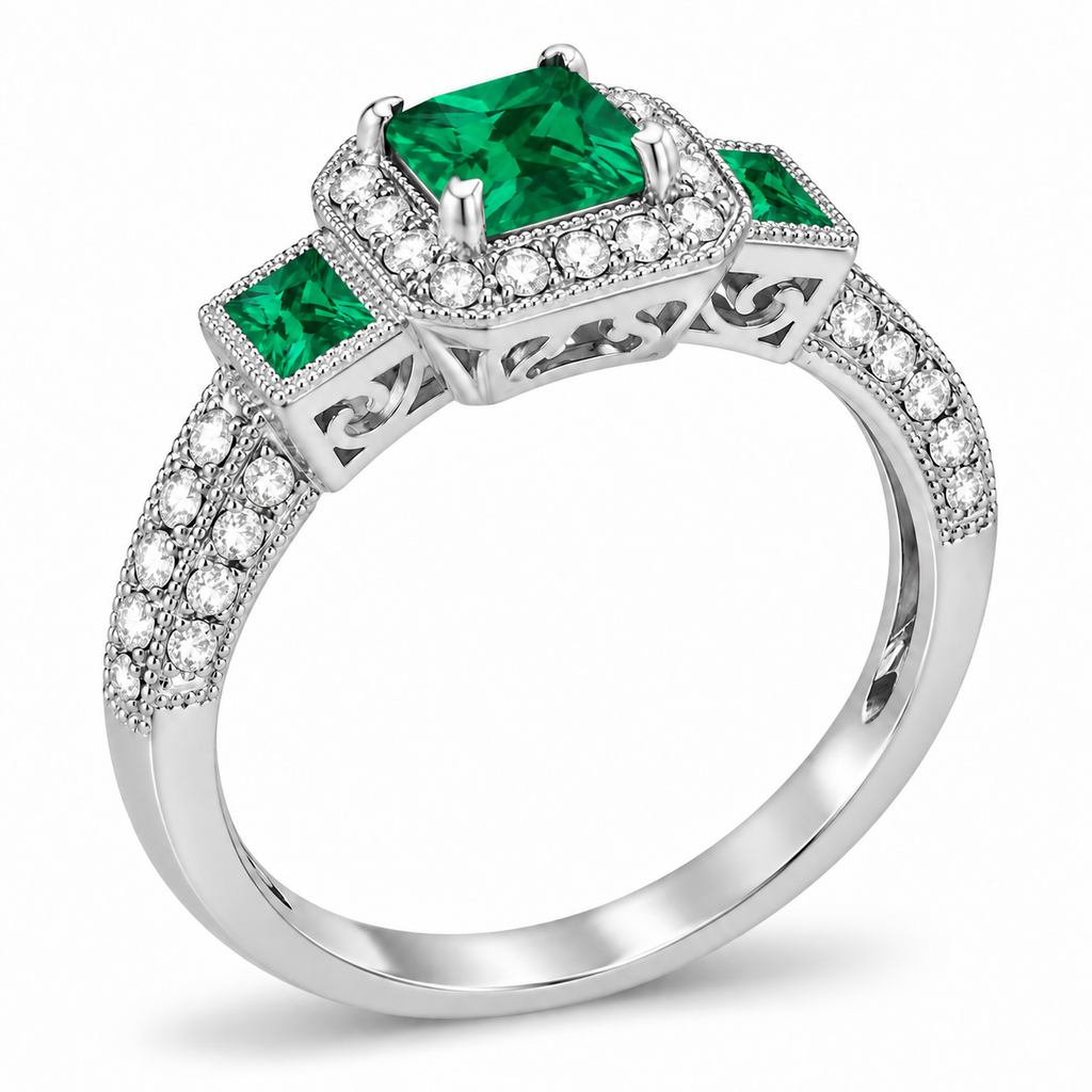 Emerald & Diamond Engagement Ring in 14k White Gold (1.35ctw) - side angle
